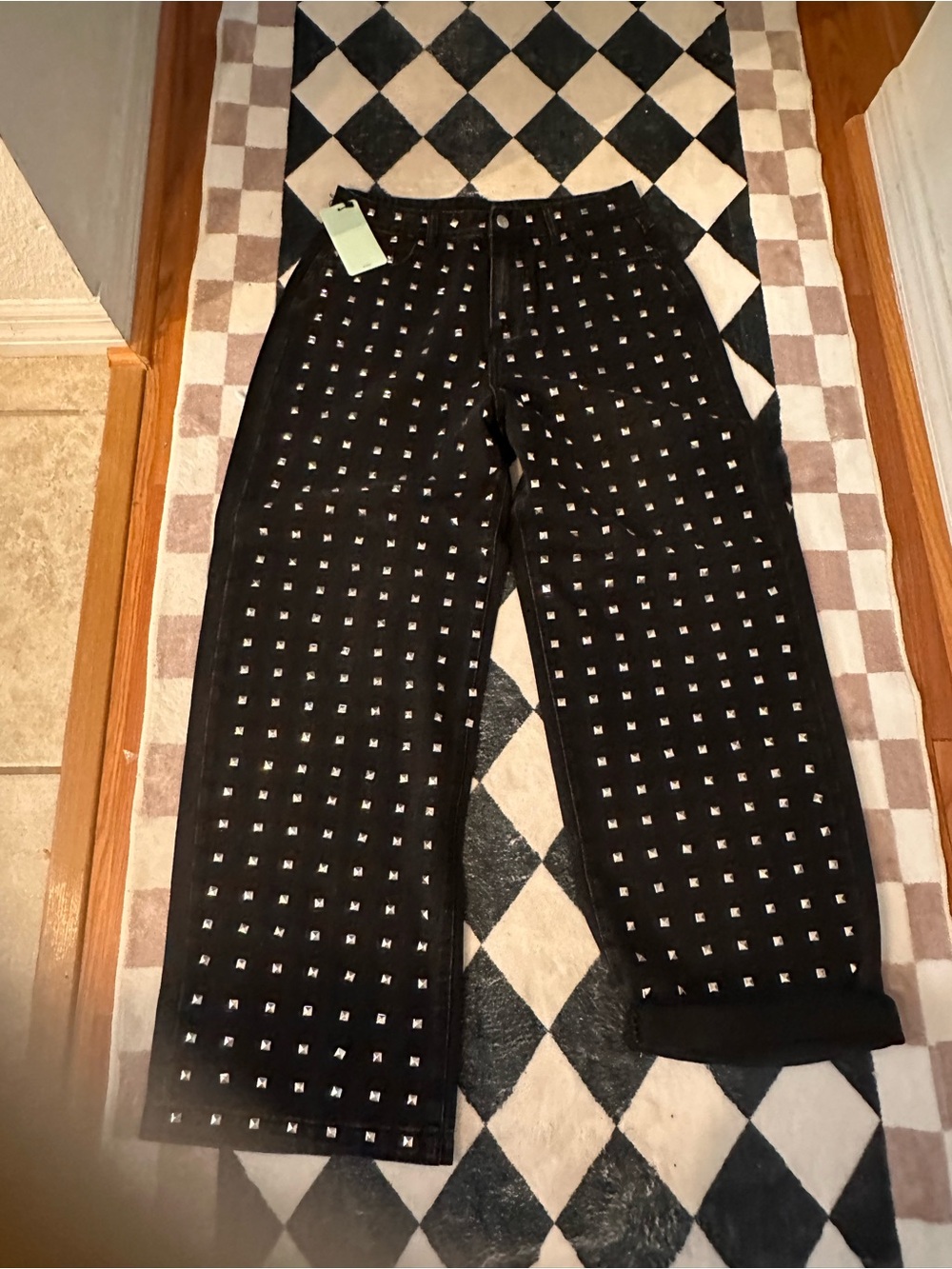 Black Studded Denim Wide-Leg Jeans